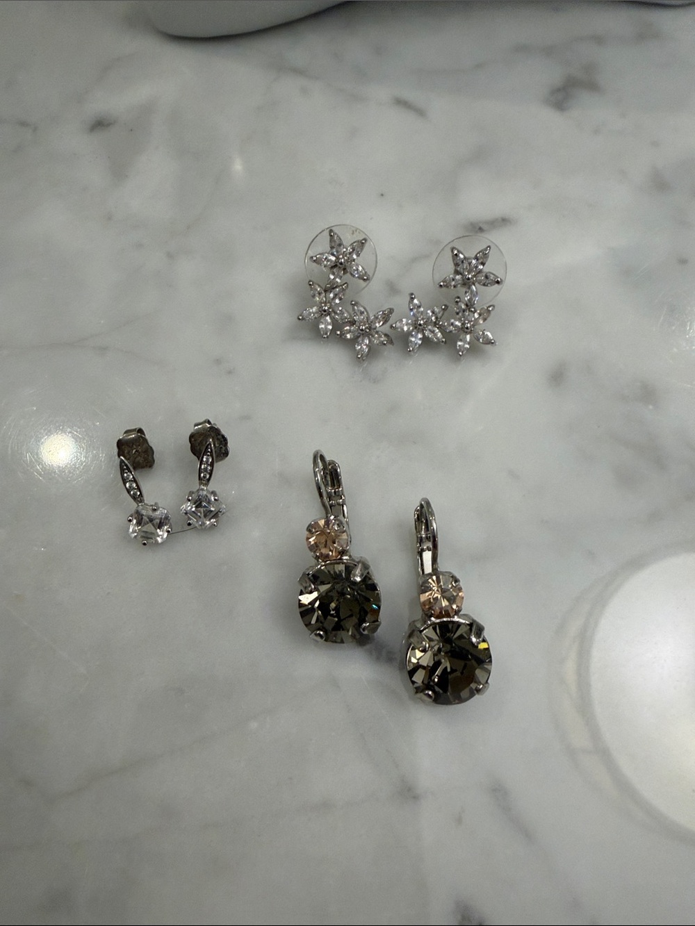 Bundle of 3 pair Silver Plated and Crystal Earrings - clear and smoke colored.
